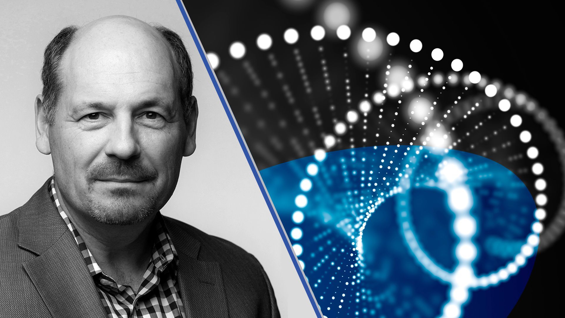 Photo illustration of Keith Crandell surrounded by abstract science and health shapes. 