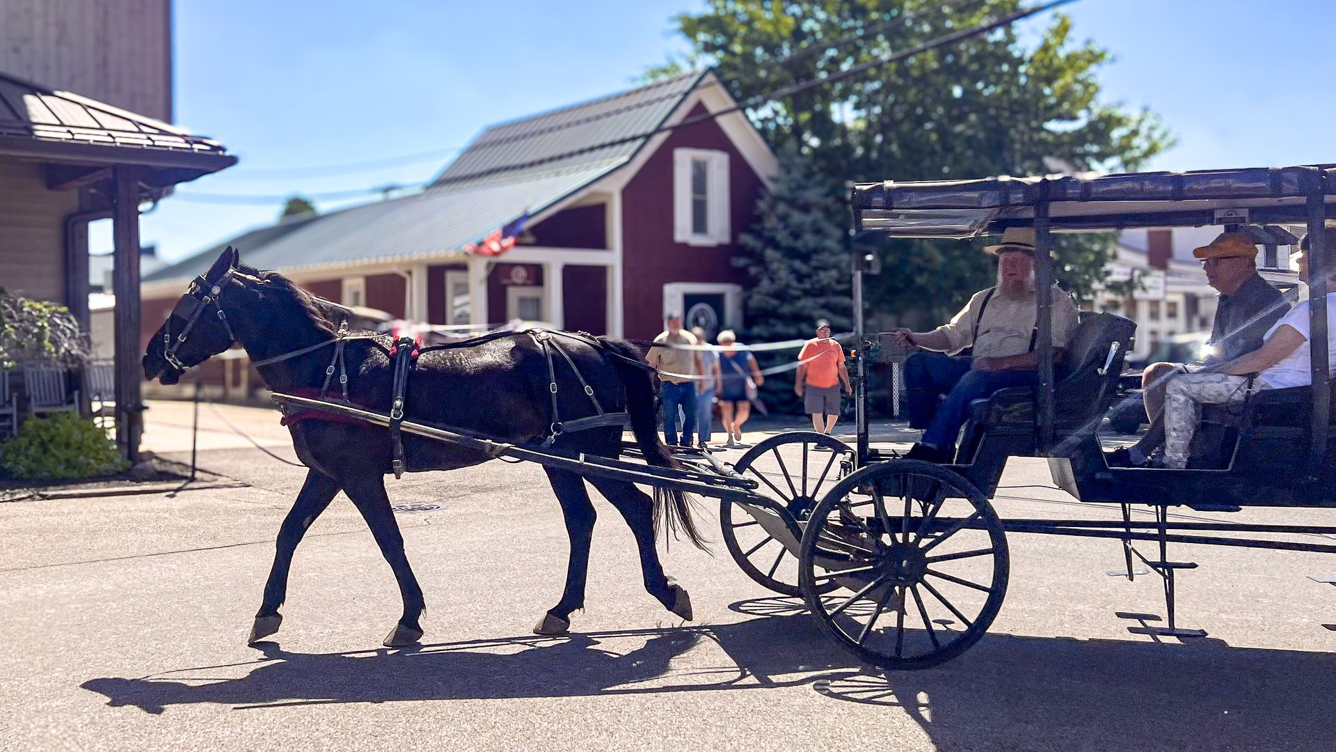 A horse pulling a buggy with people in it. 