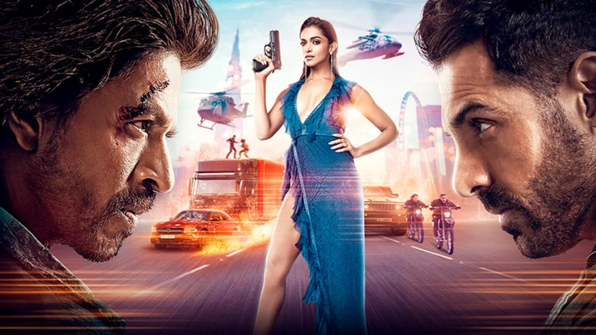 A film poster featuring two South Asian Male faces staring at each other, which a woman holding a handgun between them