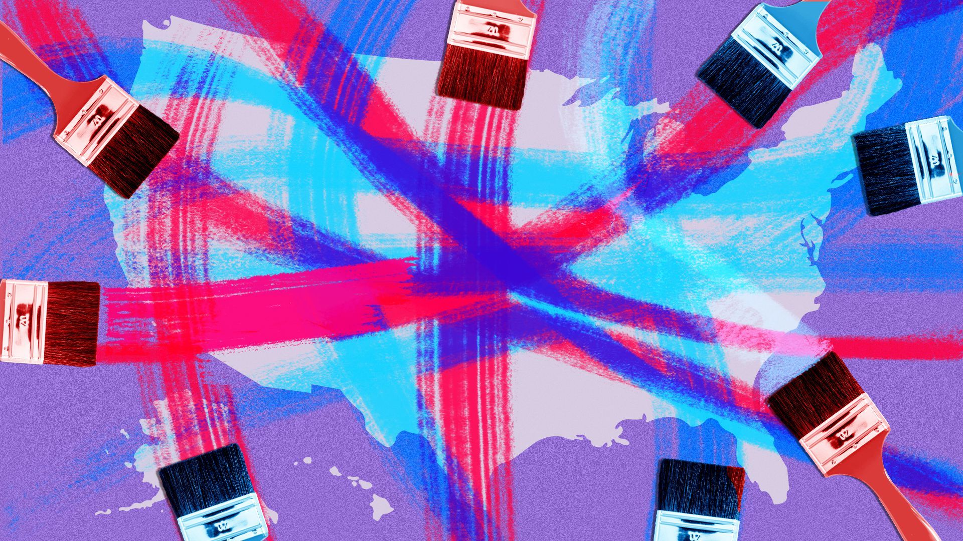  Illustration of brushes painting red and blue lines on a map of the US.