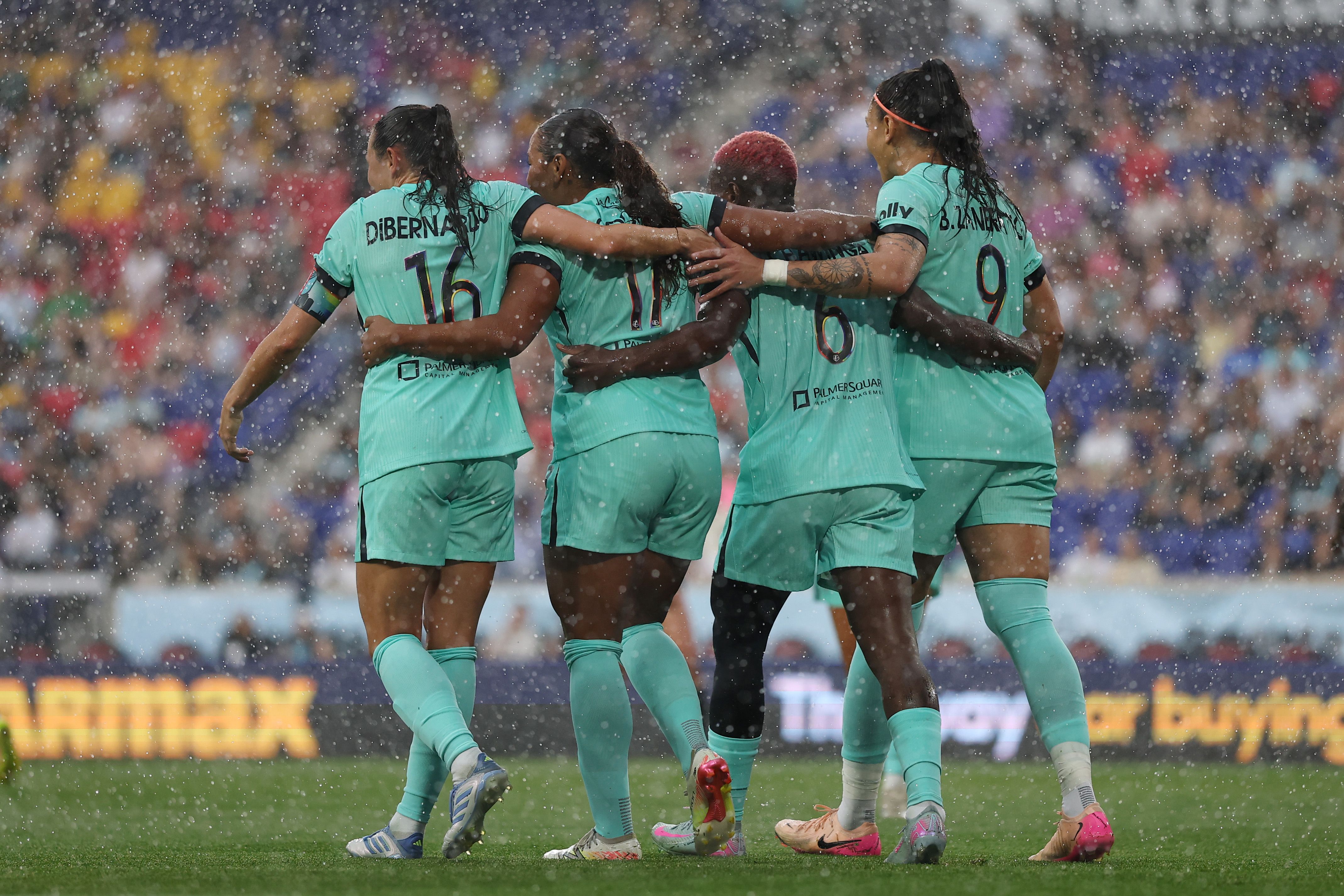 Temwa Chawinga #6 of Kansas City Current celebrates with teammates after scoring the team's second goal during the NWSL match between NJ/NY Gotham FC and Kansas City Current at Sports Illustrated Stadium on June 07, 2025 in Harrison, New Jersey. 
