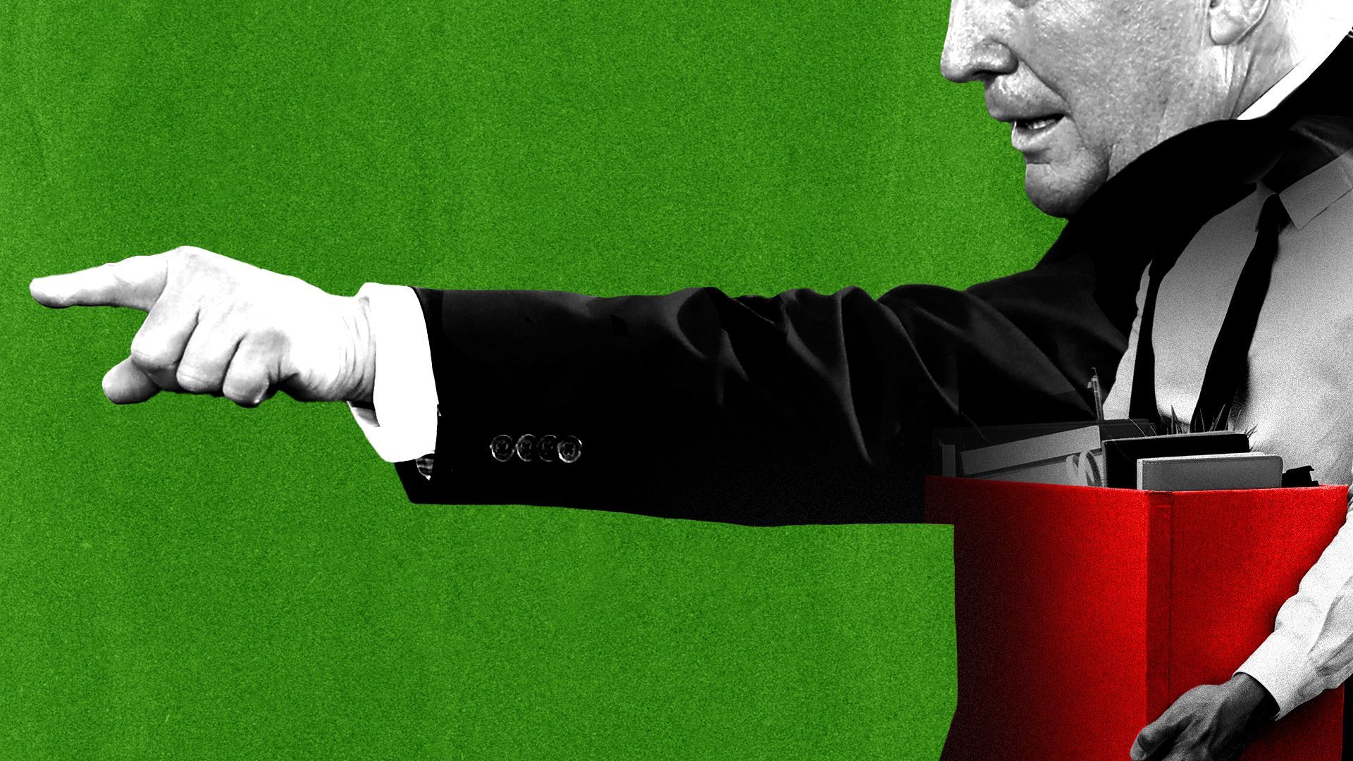 Photo illustration of President Trump pointing with an image of a person carrying a box of office supplies 