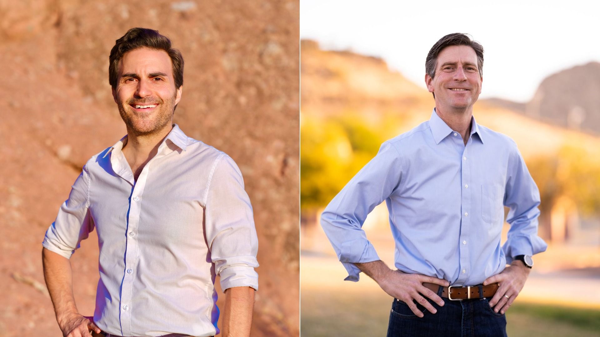 Side-by-side photos of two men outdoors: left image shows a man in a white, button-up shirt with rolled-up sleeves against a desert backdrop. Right image shows a man in a light blue, button-up shirt with hands on hips, sunny hills behind.