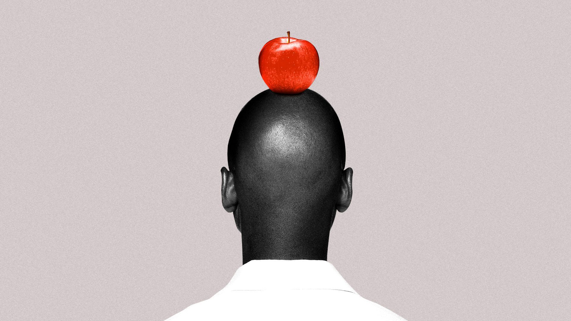 Illustration of the back of a man's head with an apple on top.
