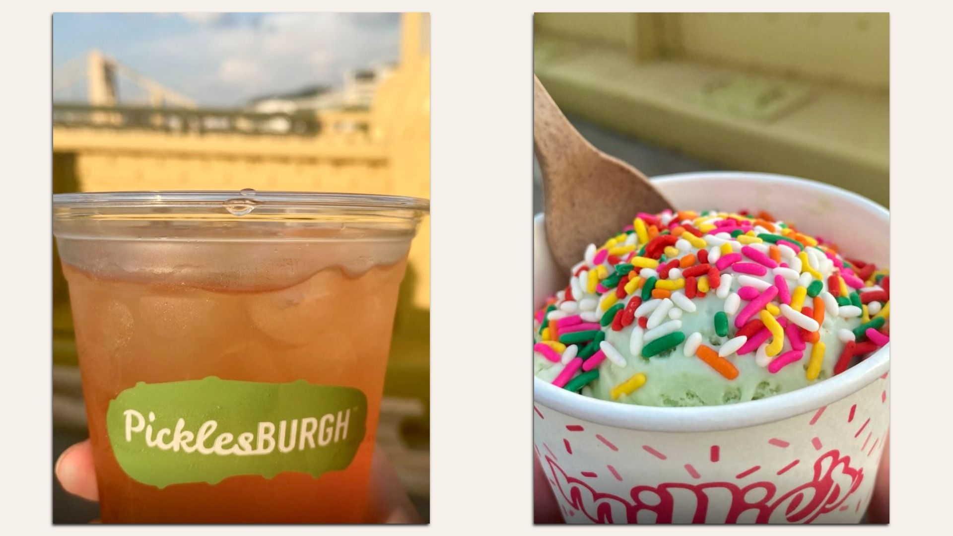 Two photos: left shows a pink iced drink in a clear cup with a green label "Picklesburgh" and a blurred cityscape; right shows pale ice cream with rainbow sprinkles and a wooden spoon.