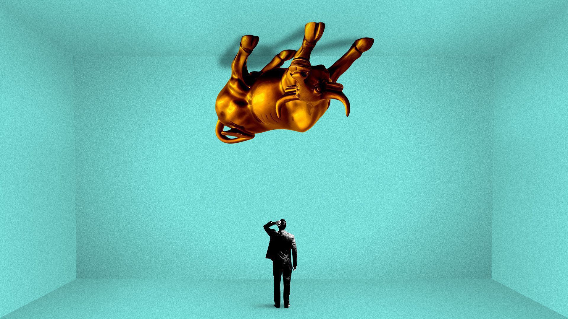 An illustration of a man staring at an upside-down steel bull