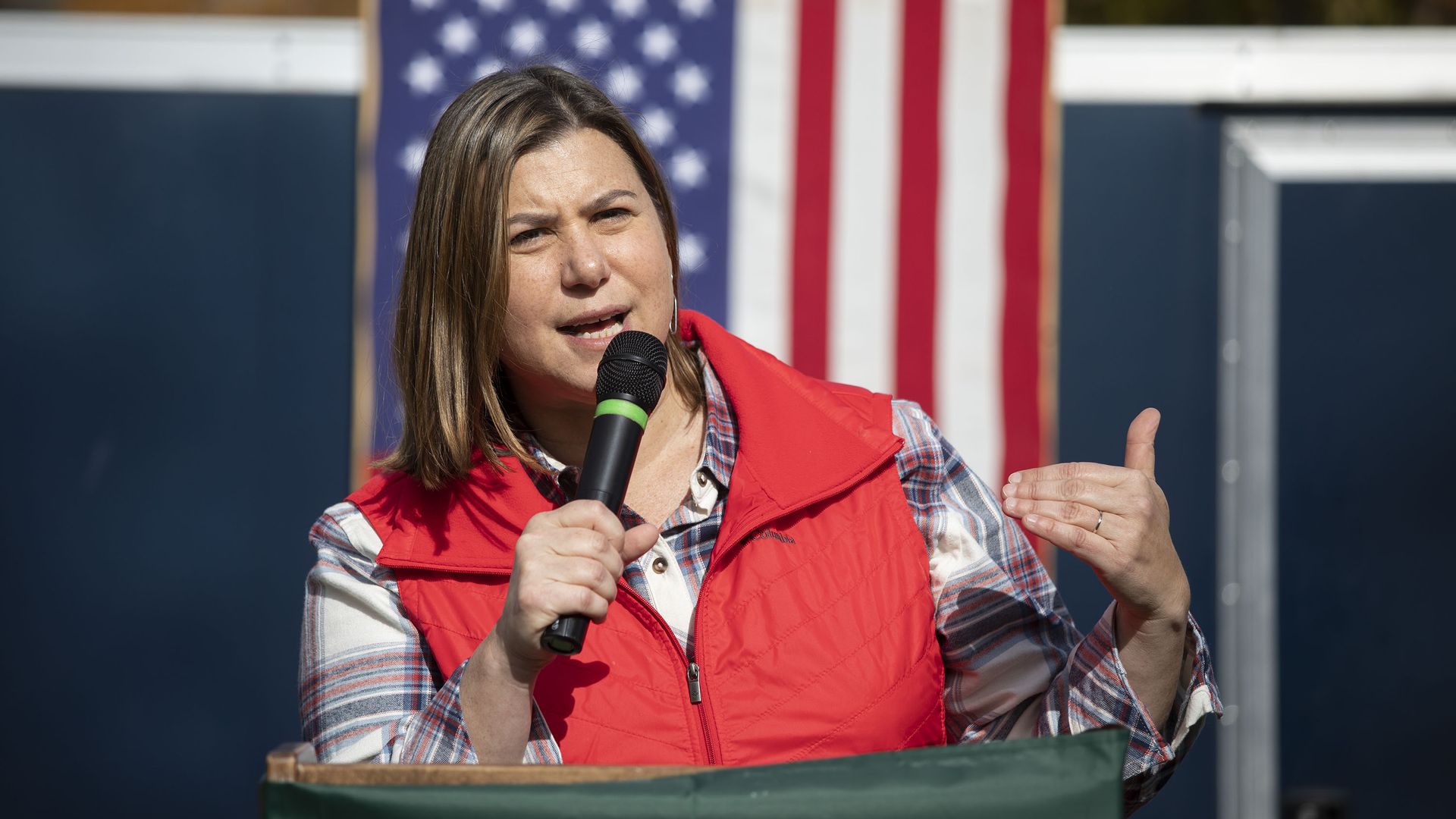 Elissa Slotkin speaks into a microphone with an American flag behind her. 