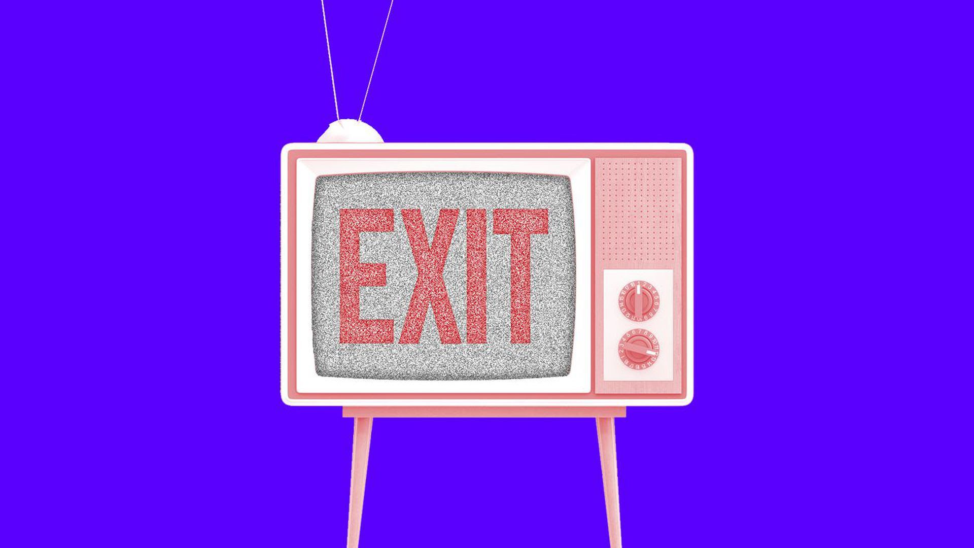 An illustration of a red television in front of a purple background that shows the exit symbol on its screen.