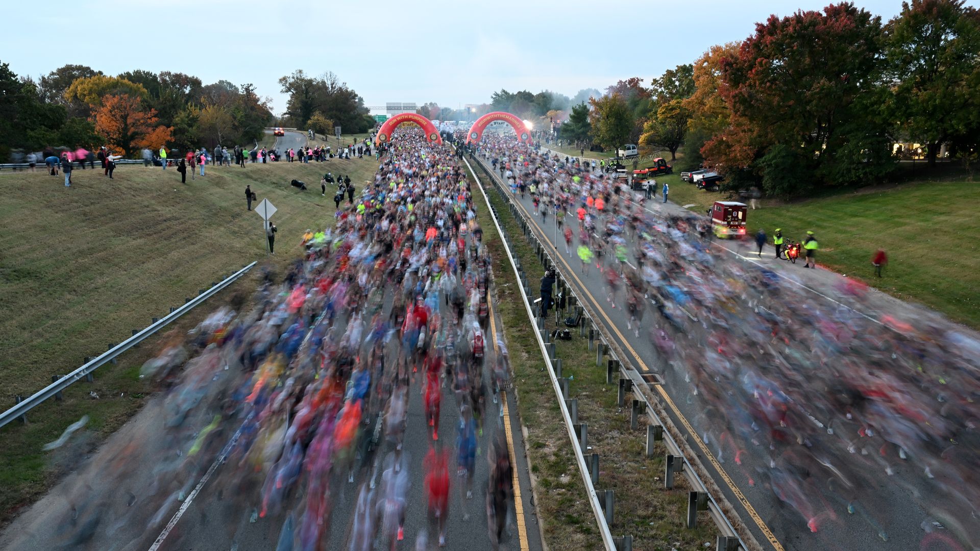 Participants are seen at the start of the 50th Marine Corps Marathon on Sunday October 26, 2025 in Arlington, VA. (Photo by Matt McClain/The Washington Post via Getty Images)