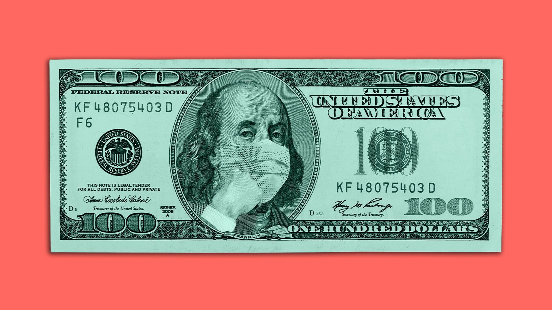 Illustration of a one hundred dollar bill with Benjamin Franklin thinking while wearing a mask and resting his chin to his fist.