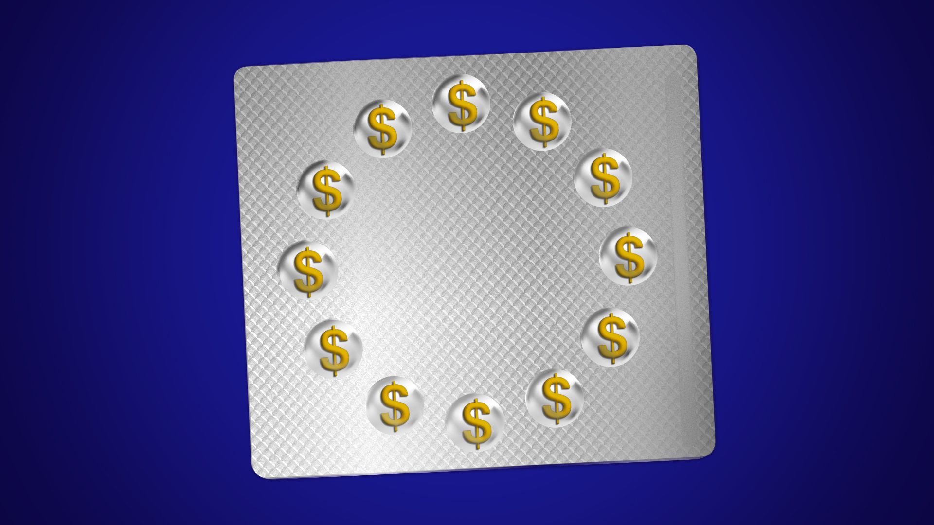 Illustration of a blister package with the pill holders in the shape of a circle, and instead of pills, the blisters are 12 yellow dollar signs. 
