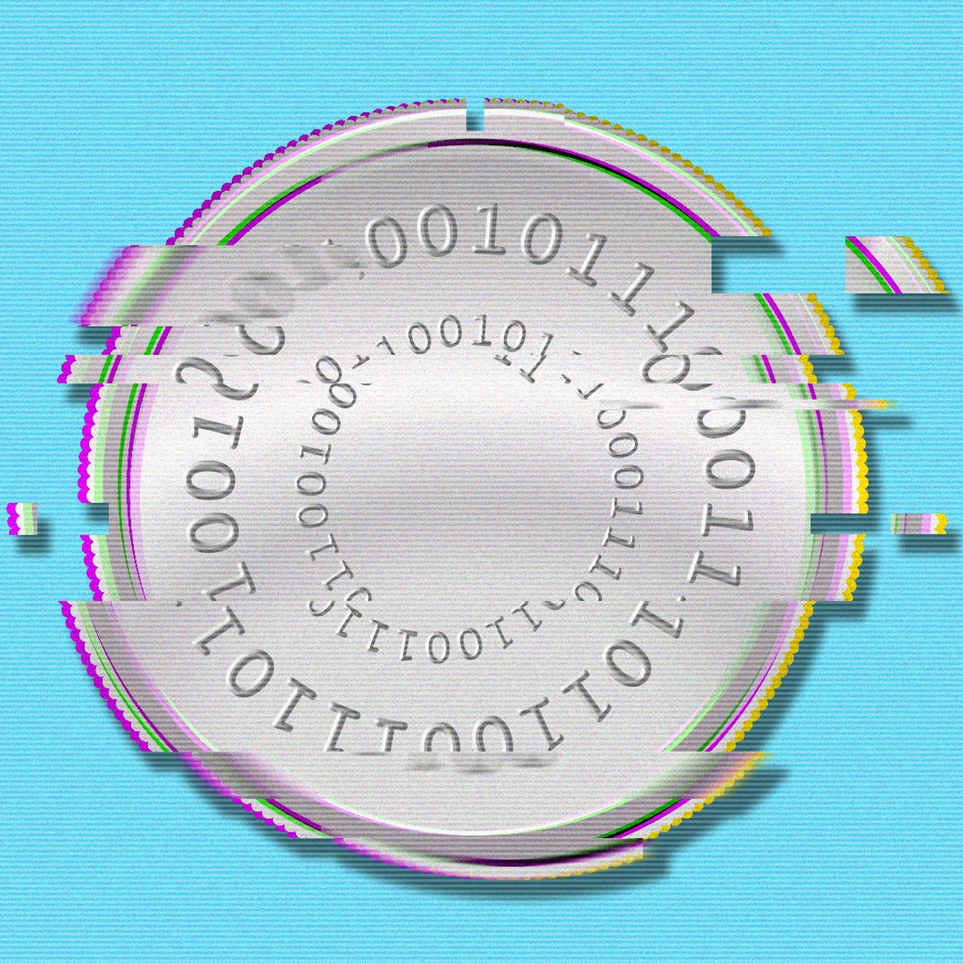 Illustration of a glitching digital coin with binary code on it.