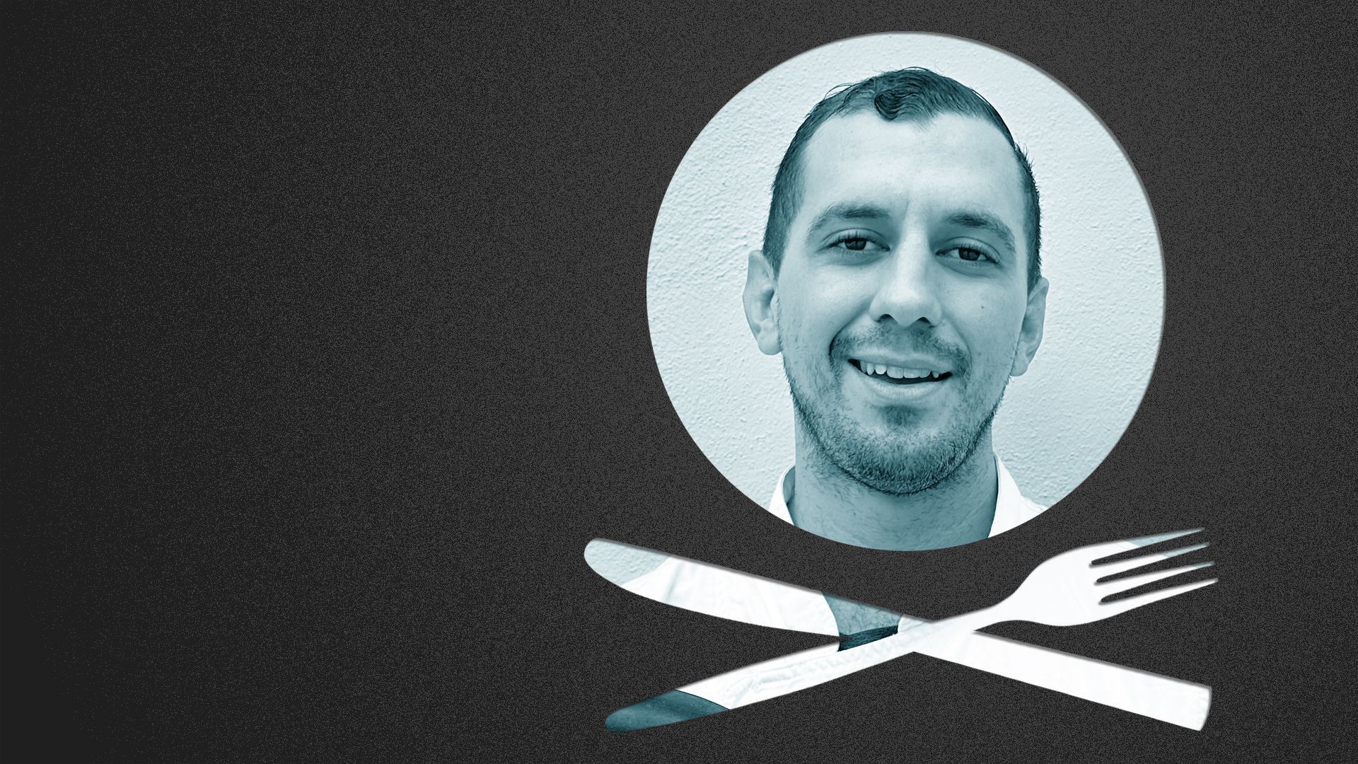 Photo illustration of a place setting shaped like a skull and crossbones containing a photo of Eric Bach. 