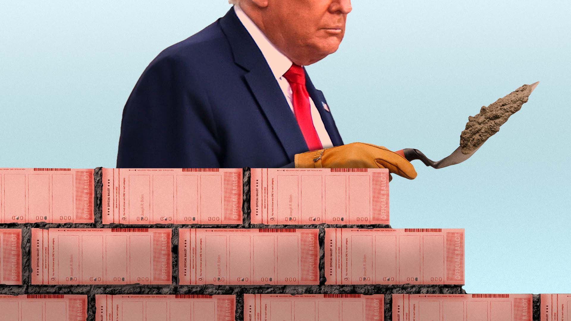 Photo illustration of President trump building a wall of ballots