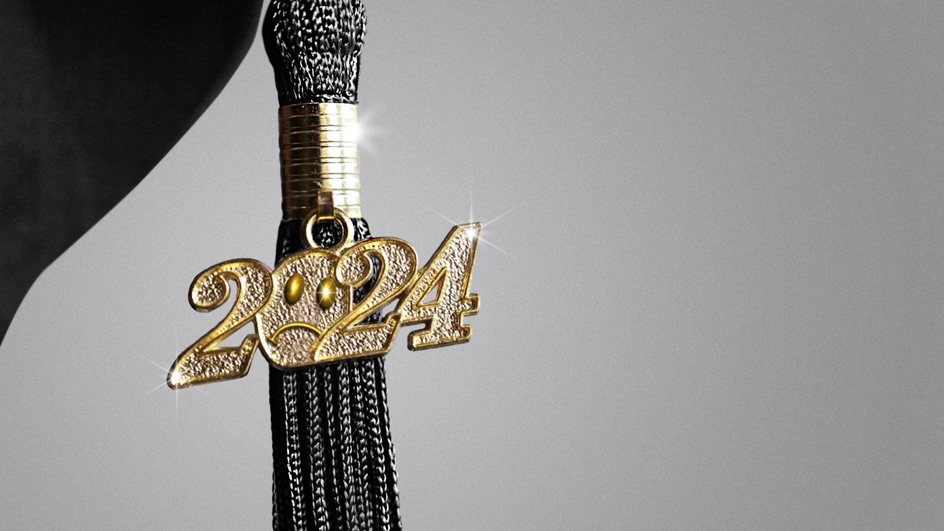 Illustration of a gold 2024 charm on a mortar board tassel with a frowning face in the zero