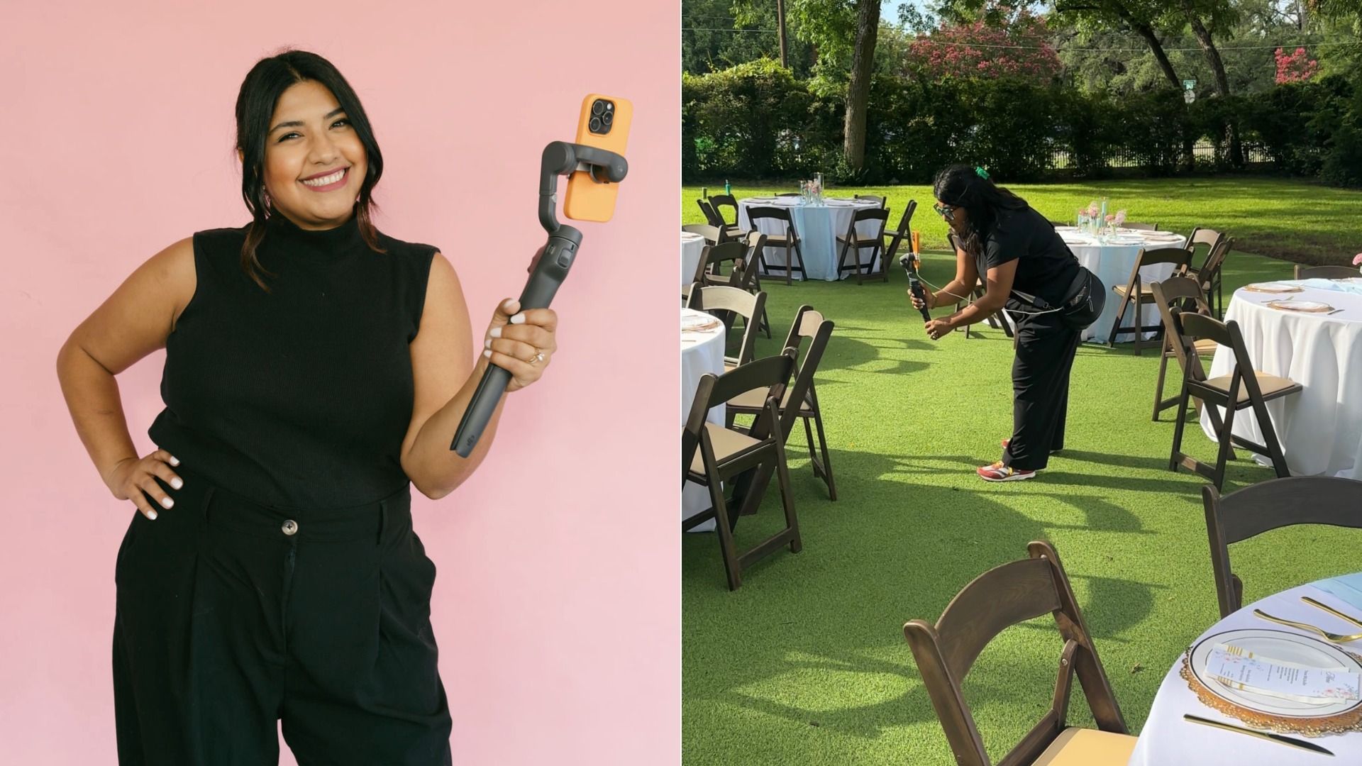 Split image: left a smiling woman in black holds an orange phone on a gray gimbal against a pink wall; right a woman in black arranges outdoor round tables with white cloths on green grass.