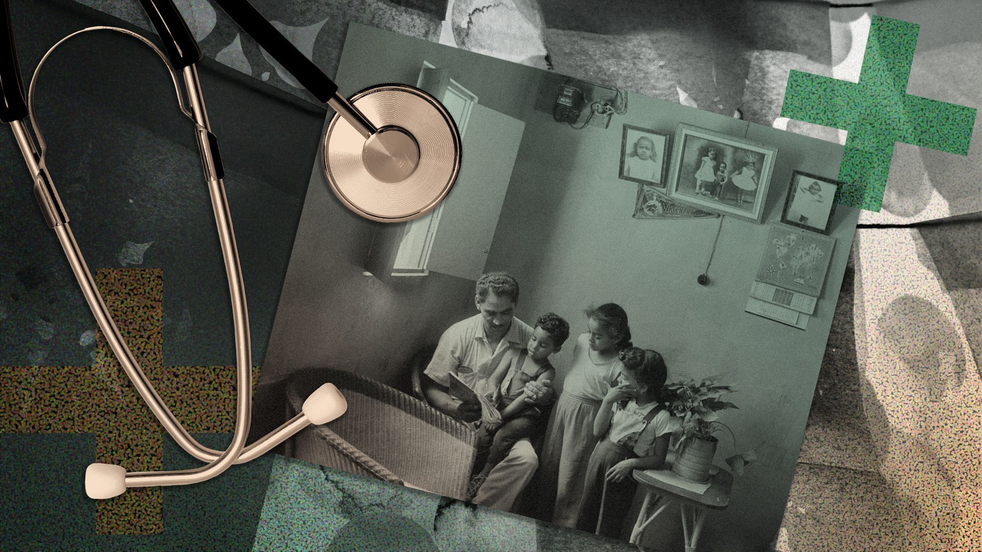 Photo illustration of a photo of a man reading to three children overlaid with a stethoscope.
