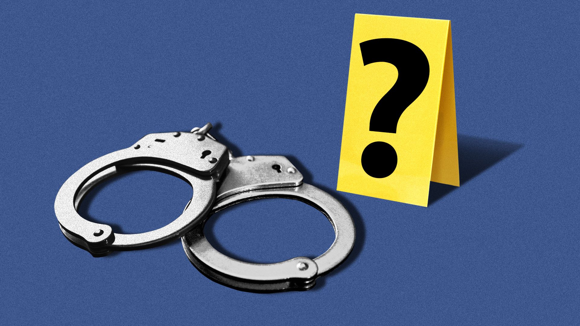 Illustration of an evidence marker labeled with a question mark next to a pair of handcuffs.