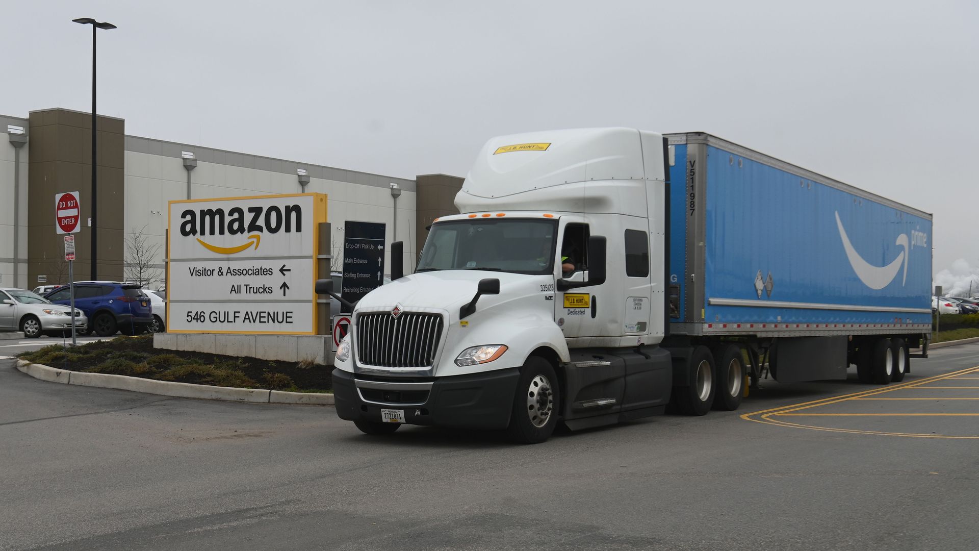 A truck outside the Amazon warehouse in Staten Island in March.