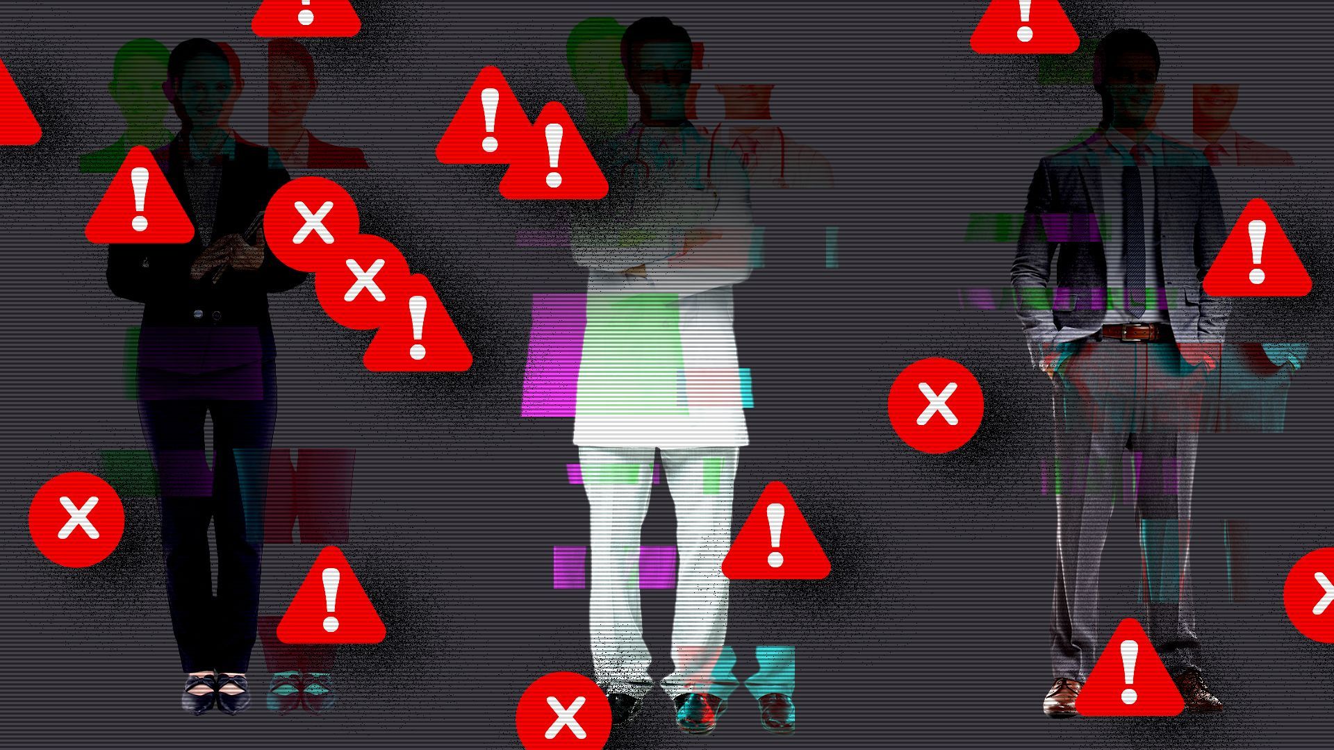 Illustration of three professional people including a doctor, with glitching sections and surrounded by many error "X" symbols, and exclamation alert symbols.
