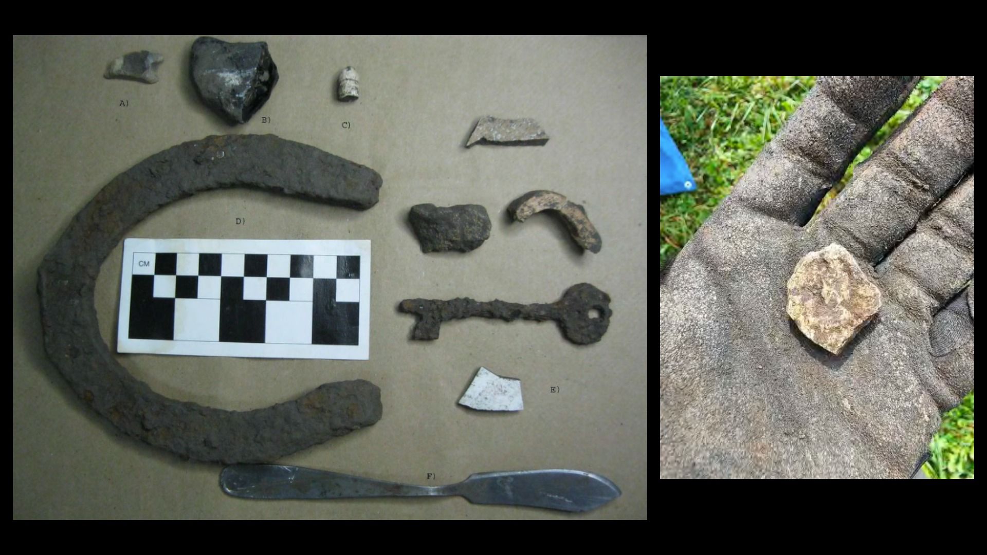Left image shows various rusty artifacts including a horseshoe, key, metal spoon, and pottery shards with a black-and-white scale for measurement. Right shows a gloved hand holding a small artifact.