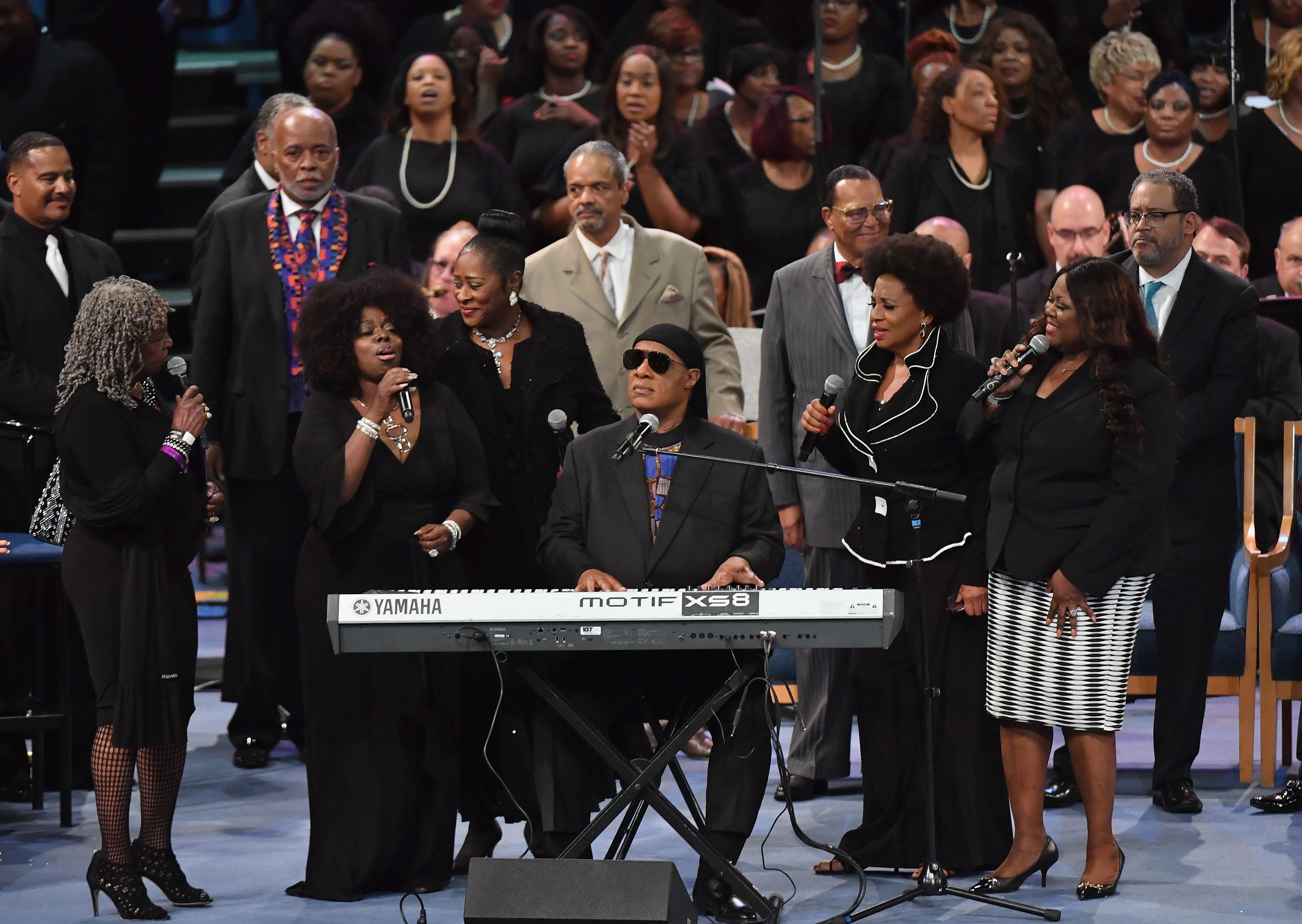Stevie Wonder performs at Aretha Franklin's funeral at Greater Grace Temple on August 31, 2018 in Detroit, Michigan. (Photo by Angela Weis