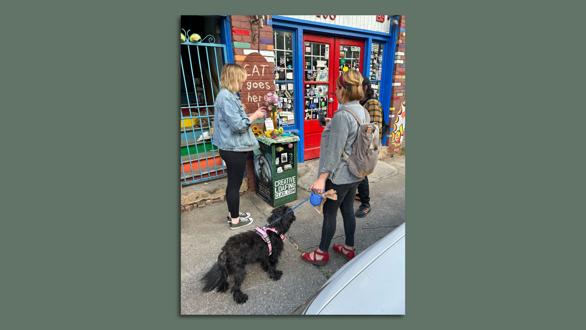 A group of friends walking a dog leave flowers at a newspaper bin where a cat would sit so much someone painted a mural that says "cat goes here"