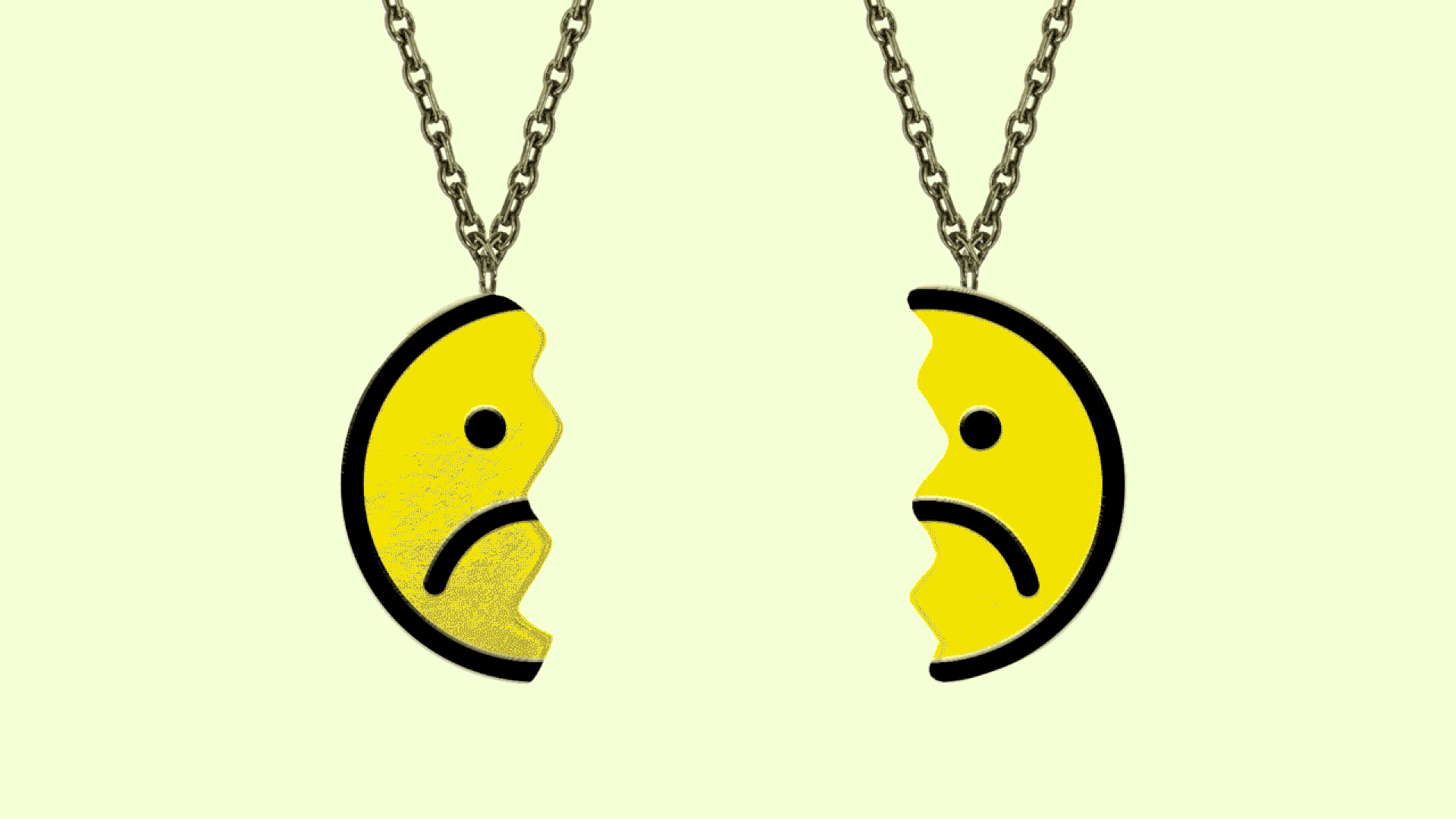 Animated illustration of two halves of a sad face pendant on necklace chains gravitating towards each other and turning into a united smiley face