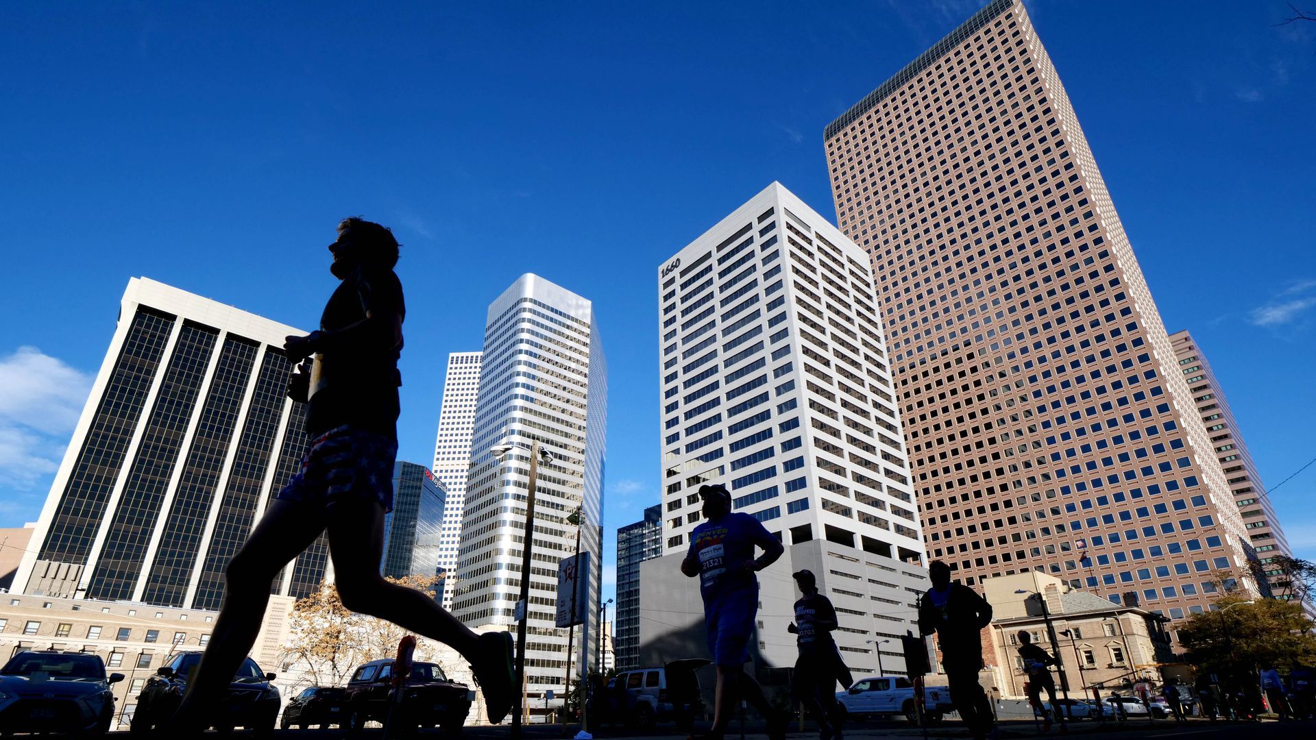 Picture of buildings in downtown Denver taken while runners were in front of the camera