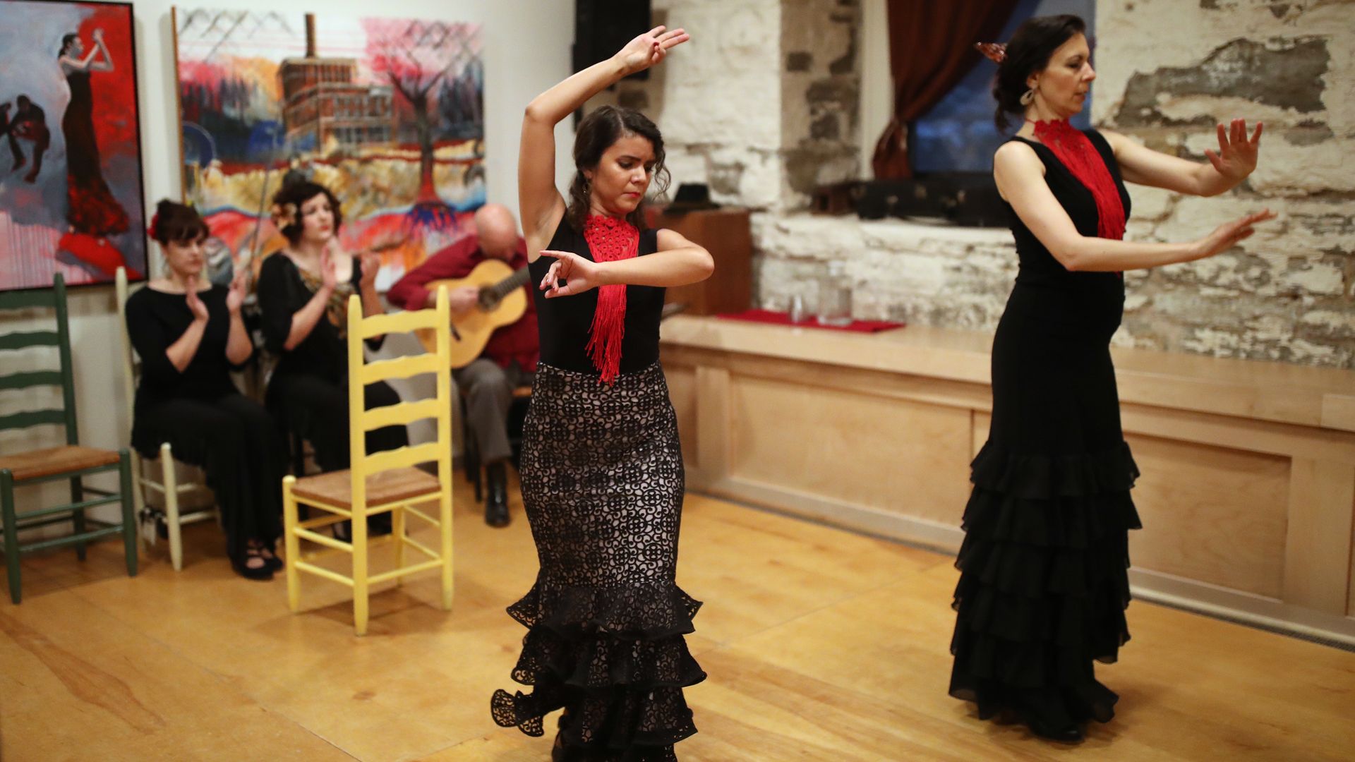 Two women dancing in flamenco outfits.
