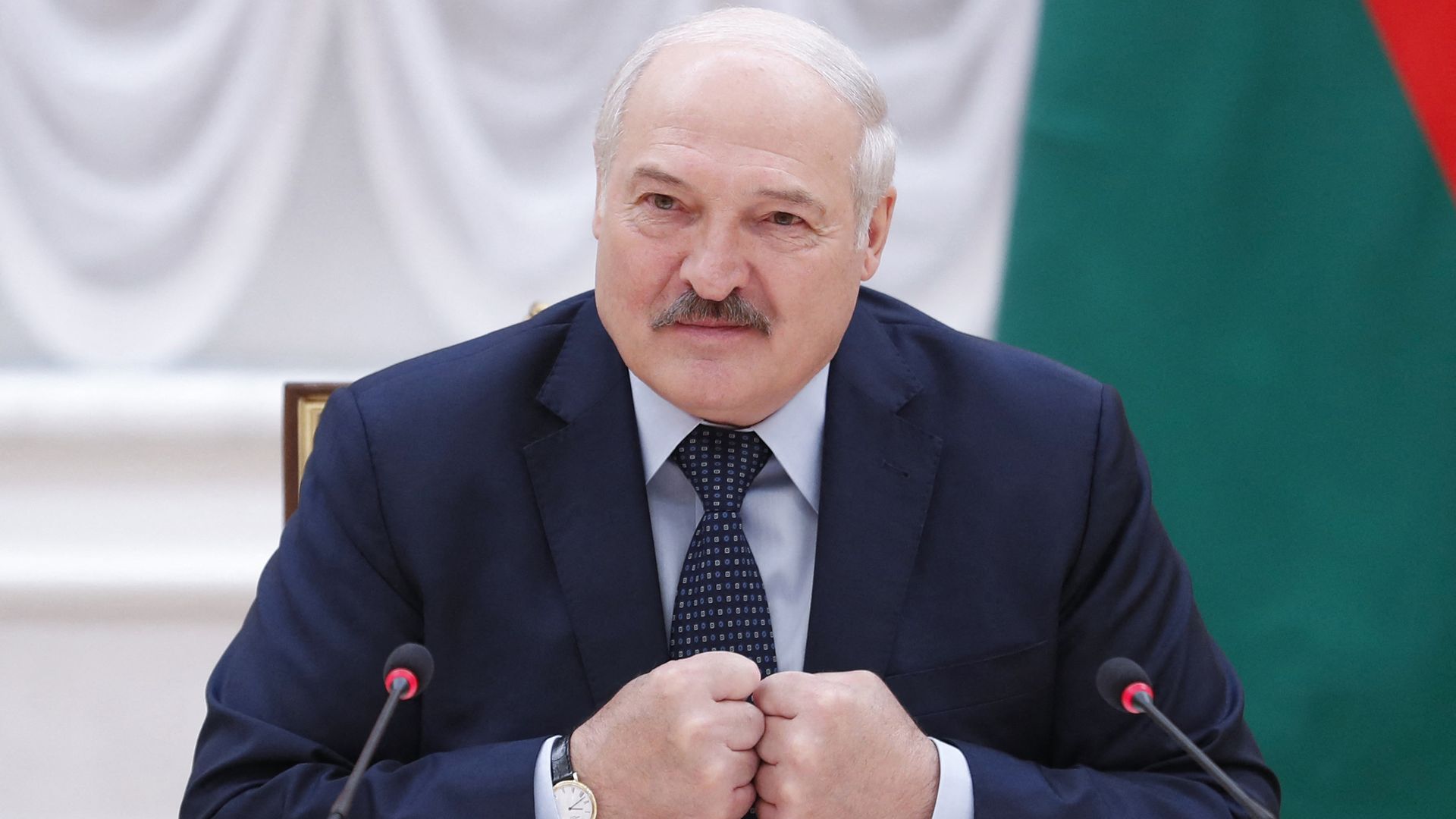 Belarusian President Alexander Lukashenko speaks during a meeting with Commonwealth of Independent States officials in Minsk on May 28