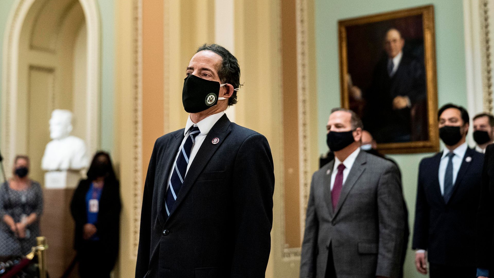 Rep. Jamie Raskin is seen standing outside the Senate Chamber before House impeachment managers delivered their article against former President Trump.