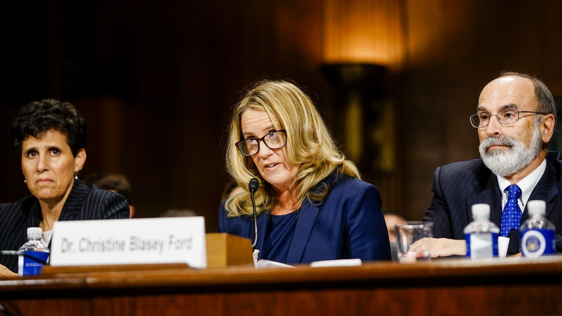 Christine Blasey Ford, with lawyers Debra S. Katz, left, and Michael R. Bromwich, answers questions at a Senate Judiciary Committee hearing 