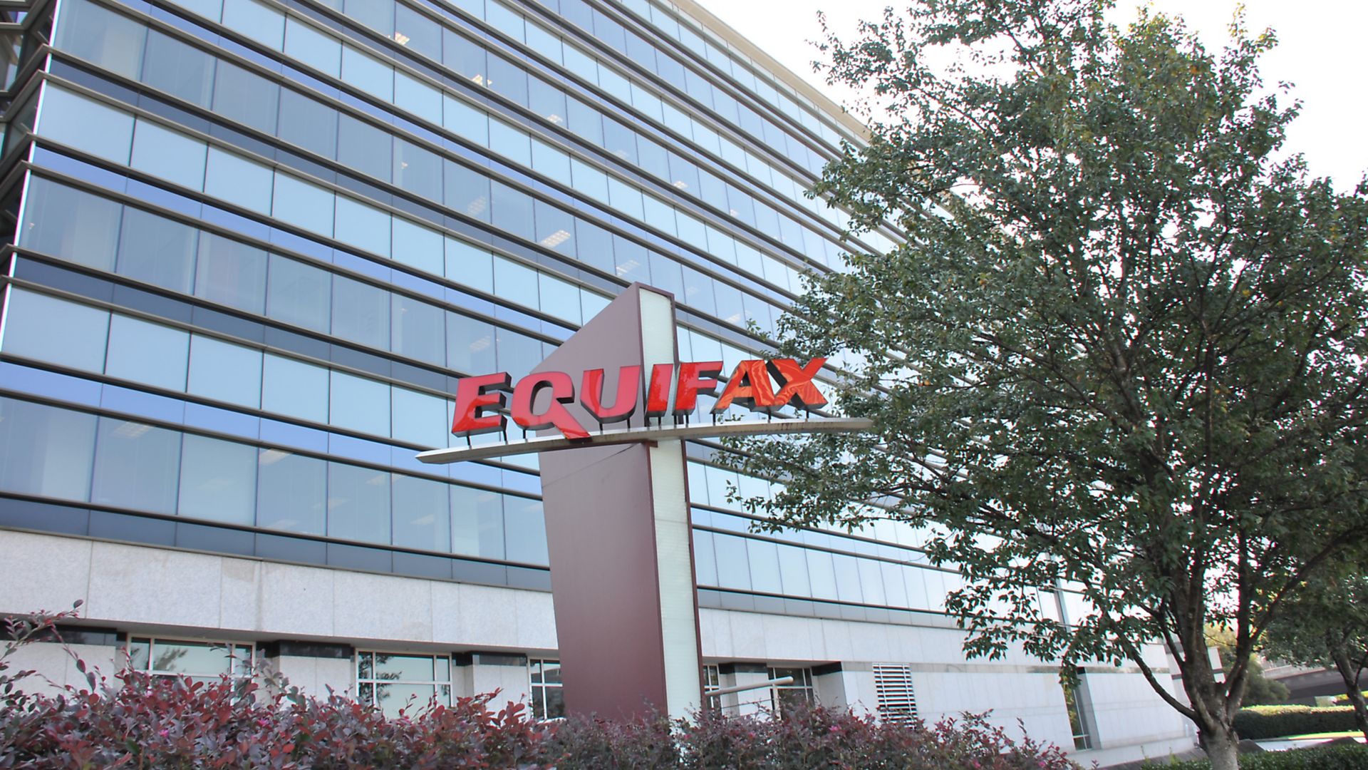 Sign with logo and a portion of the main building are visible at the headquarters of credit bureau Equifax in downtown Atlanta, Georgia. (Photo via Smith Collection/Gado/Getty Images)