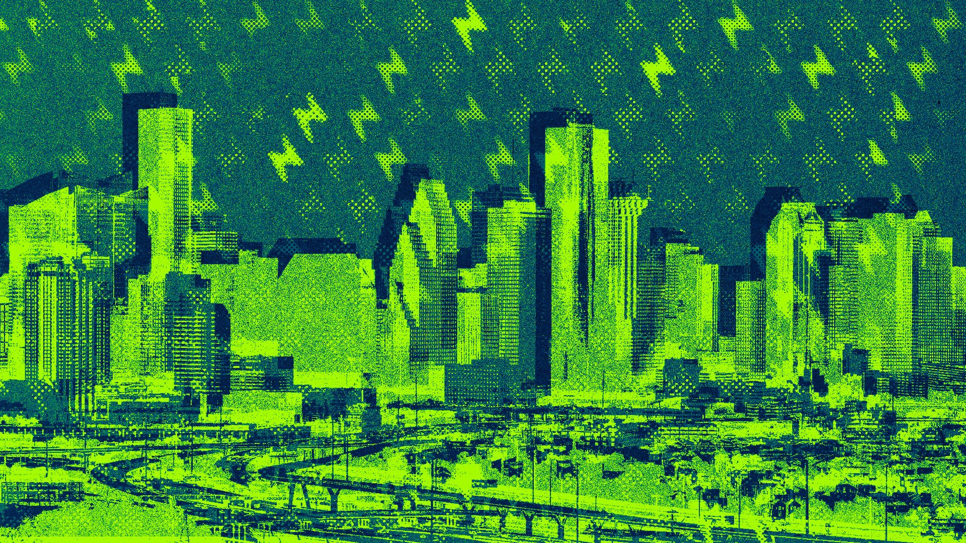 Illustration of two overlaid images of the Houston skyline with a lightning bolt pattern over them.