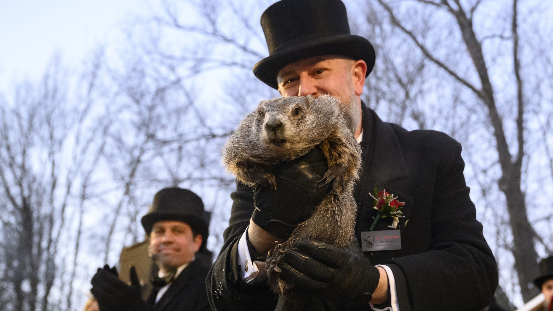 Groundhog handler AJ Dereume holds Punxsutawney Phil after he saw his shadow, predicting 6 more weeks of winter during the 140th annual Groundhog Day festivities on Monday February 2, 2026 in Punxsutawney, Pennsylvania. Photo by Jeff Swensen/Getty Images