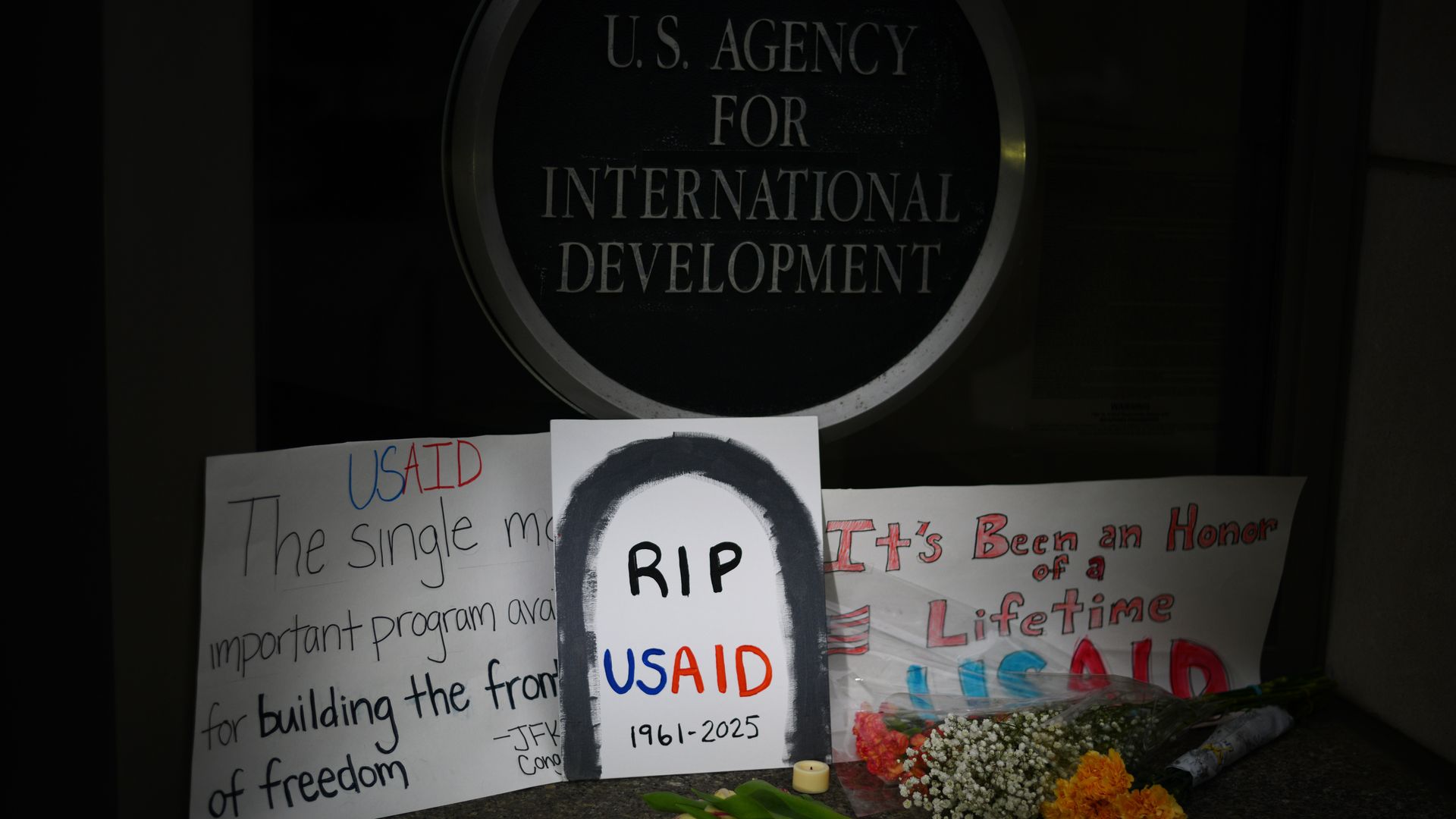 A vigil has been placed at theUnited States Agency for International Development (USAID) headquarters in Washington, D.C., February 8, 2025. 