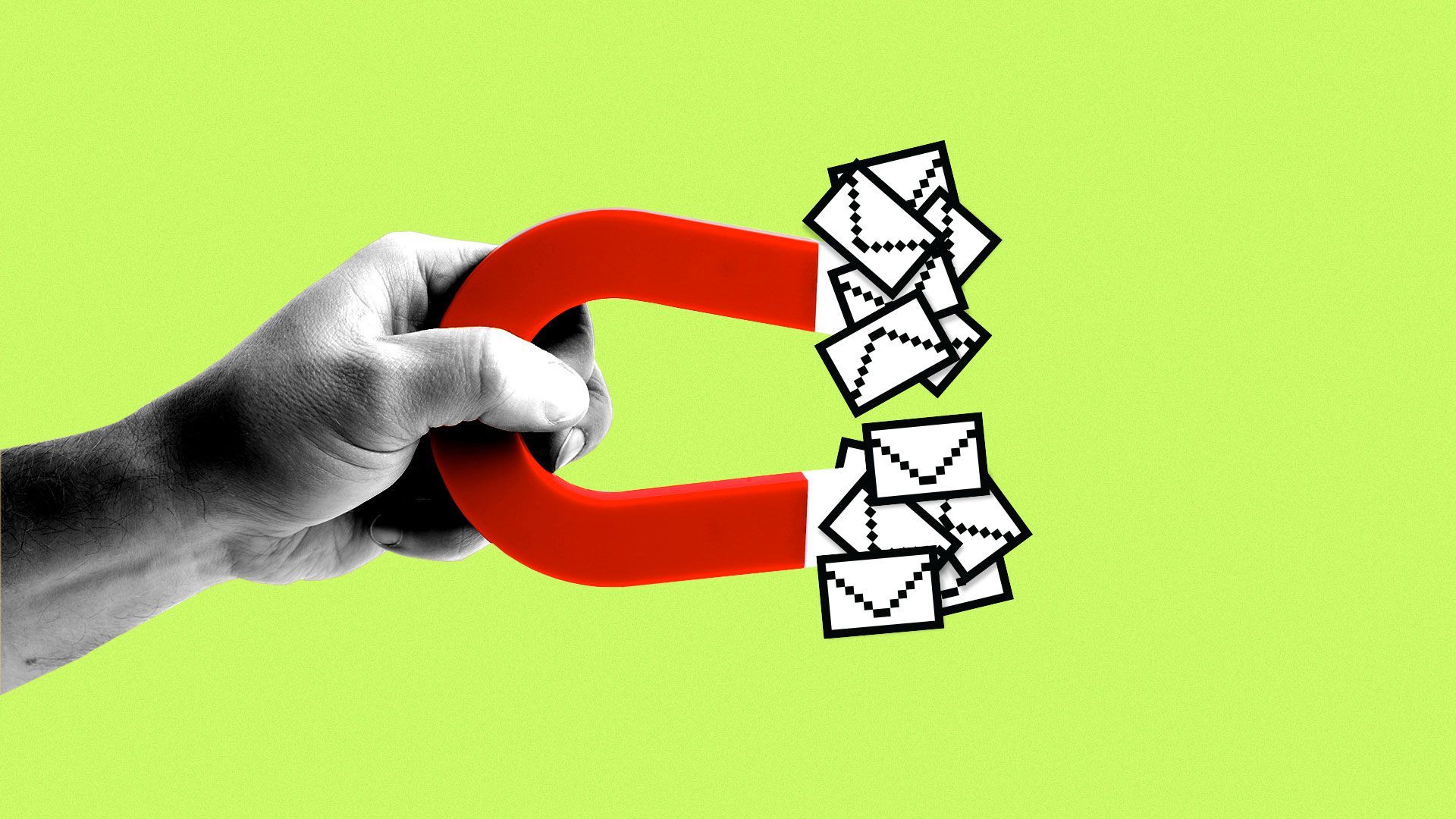 Illustration of hand holding a magnet that has caught many digital envelopes