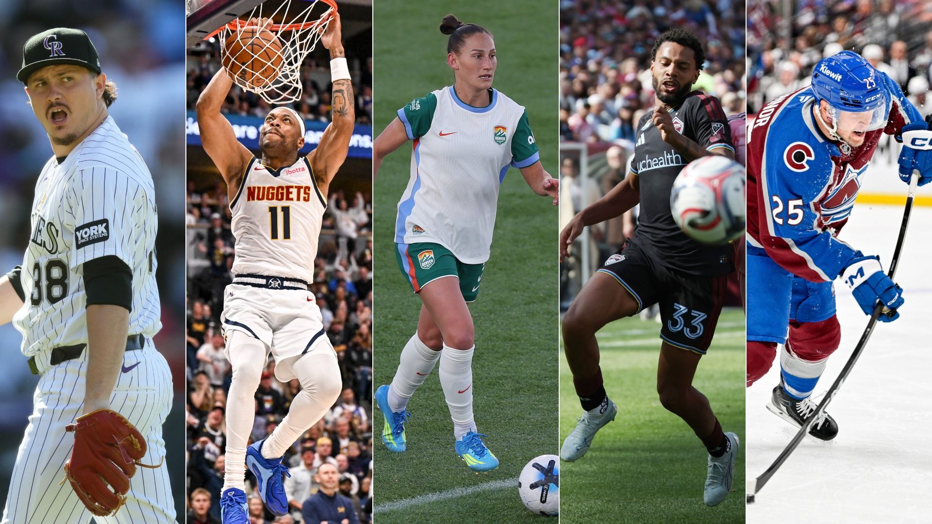 Collage of five athletes: baseball pitcher in pinstripes, basketball dunker in Nuggets white, female soccer player in white and teal, male soccer player in dark kit, hockey player in blue and red.