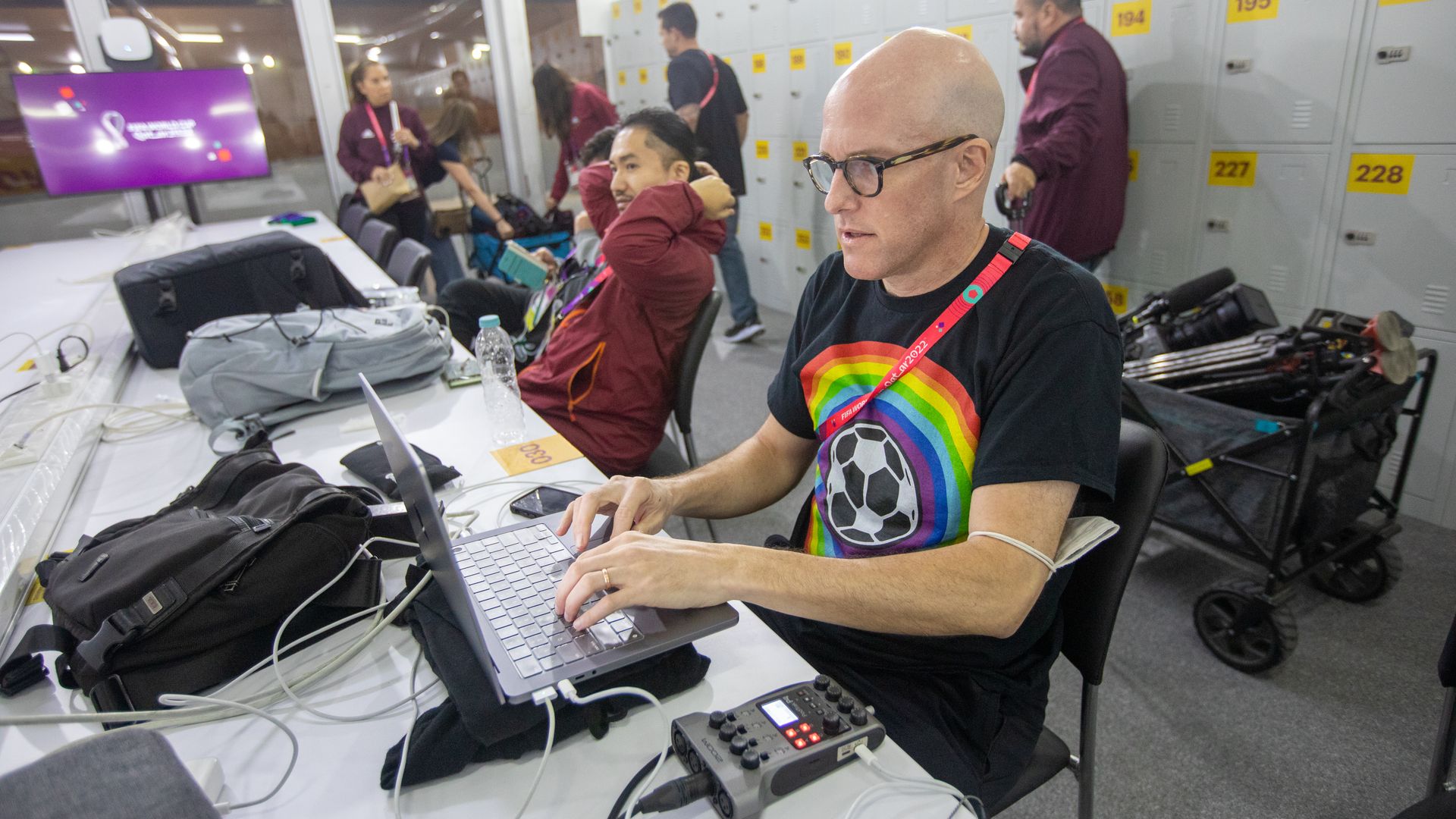 Journalist Grant Wahl covering the Wales-U.S. World Cup match on Nov. 21 in Al Rayyan, Qatar.