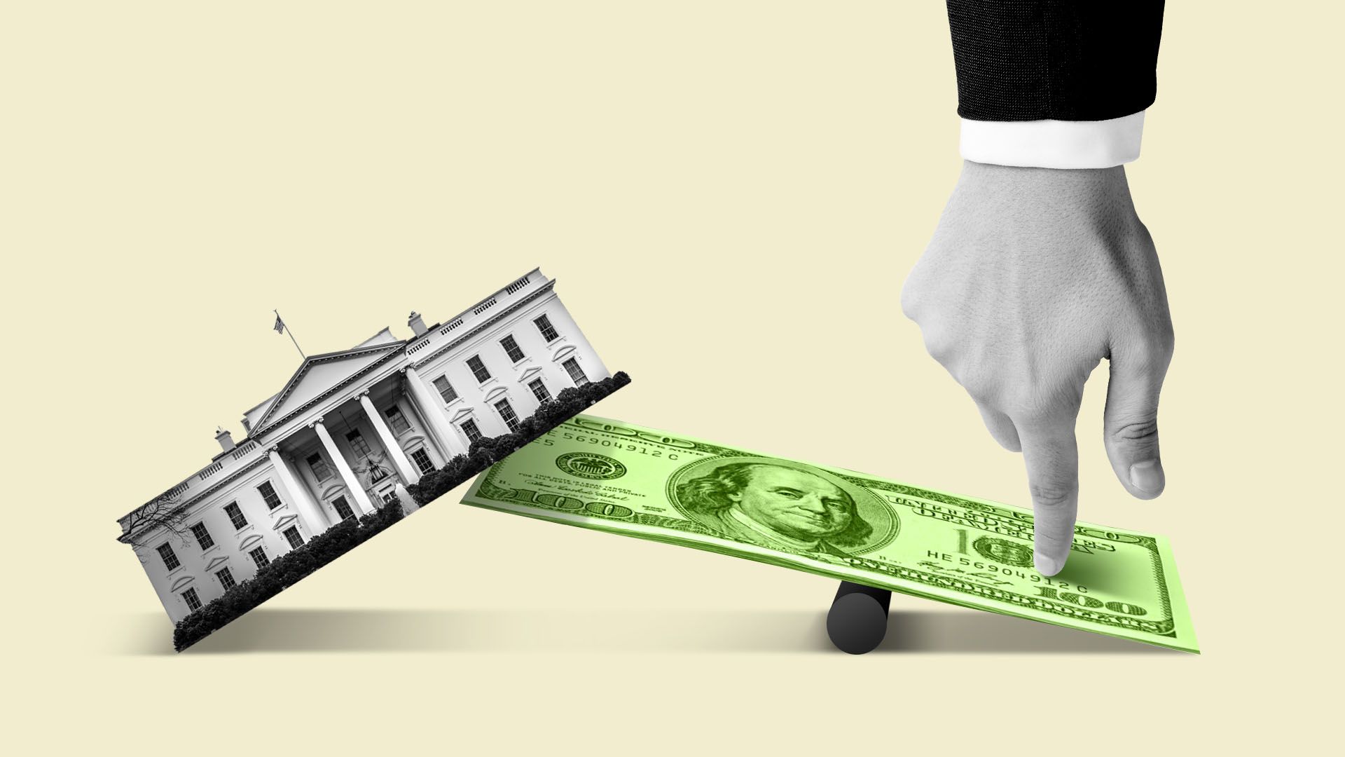 Illustration of a hand leveraging a stack of bills to look under the White House.