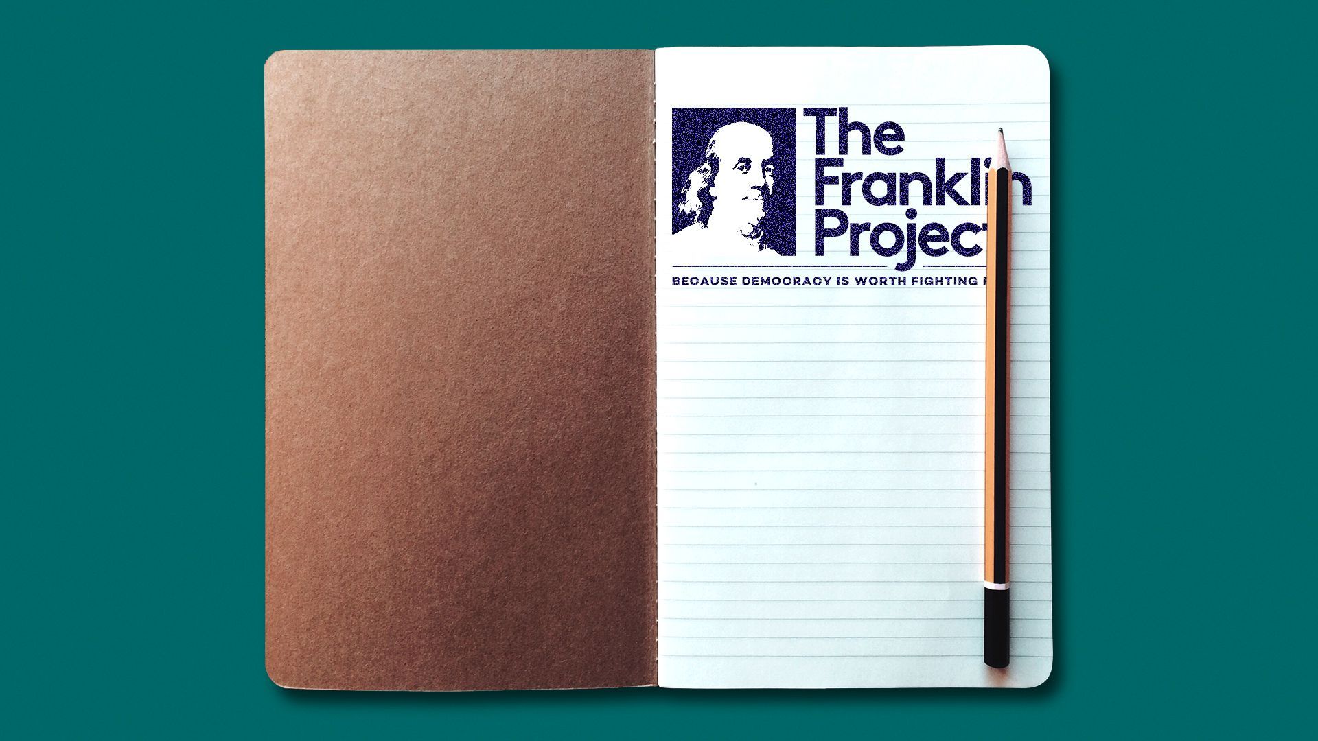 Illustration of pencil on an open notebook with The Franklin Project logo drawn inside
