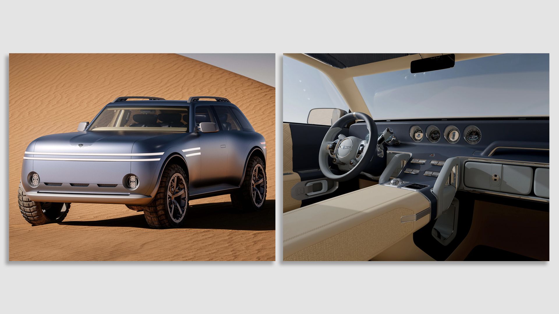 Photo of a silver-colored concept SUV from Genesis in the desert, alongside a photo of the modern interior. 
