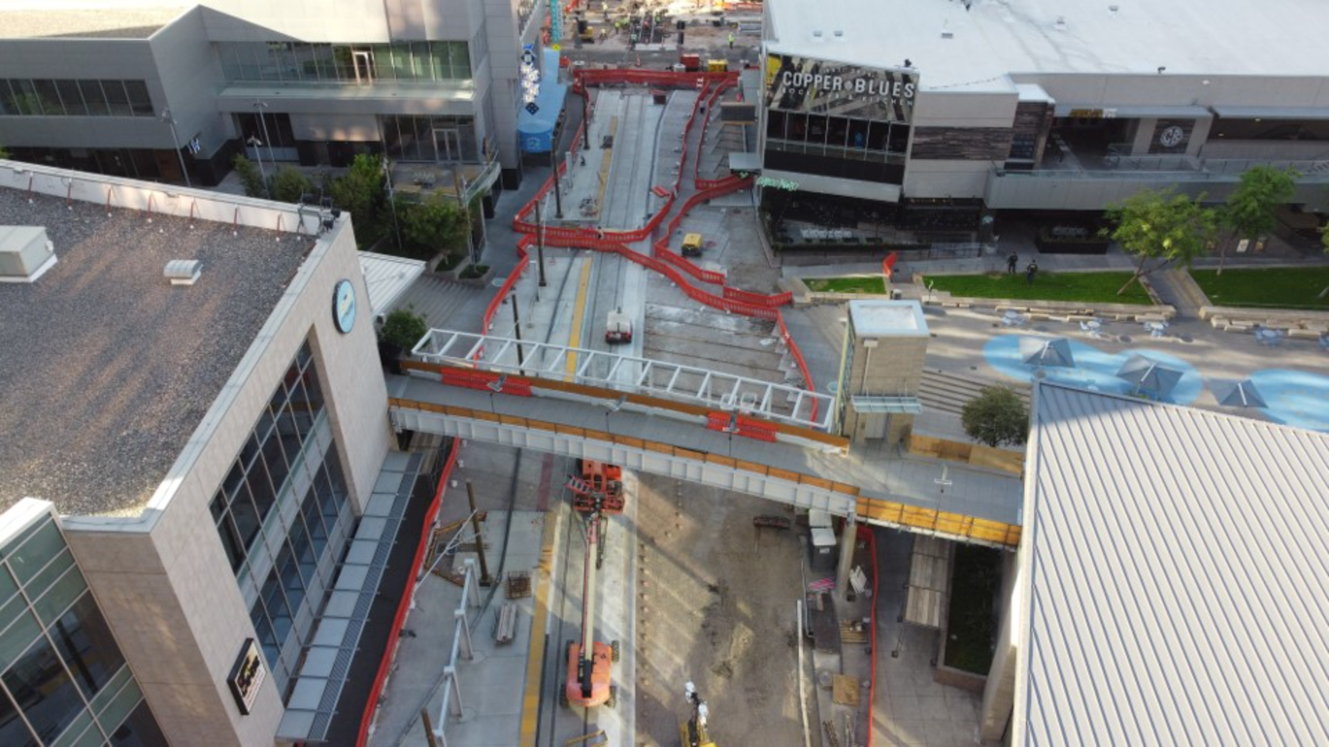 An aerial view of construction on a roadway.