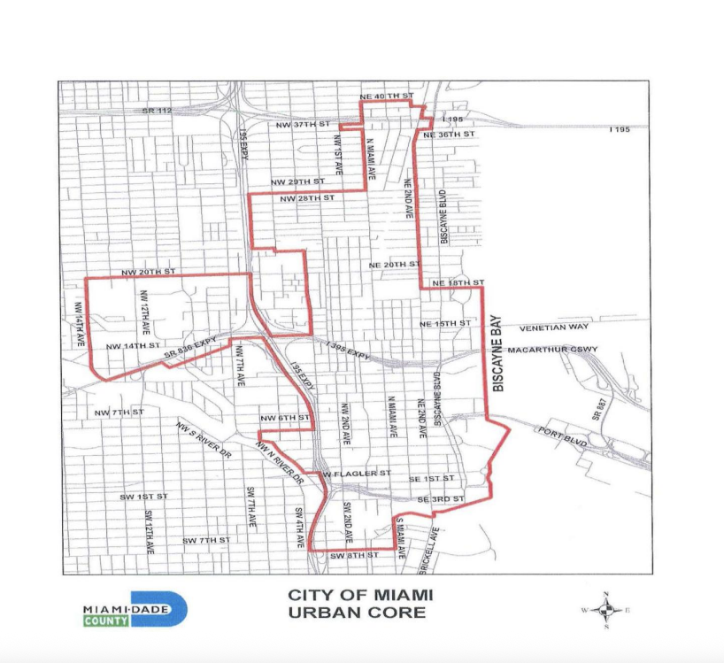 A map of the city of Miami's urban core. If the proposal is approved, commercial signs will be allowed in portions of the urban core, excluding Commission Districts 2 and 5.
