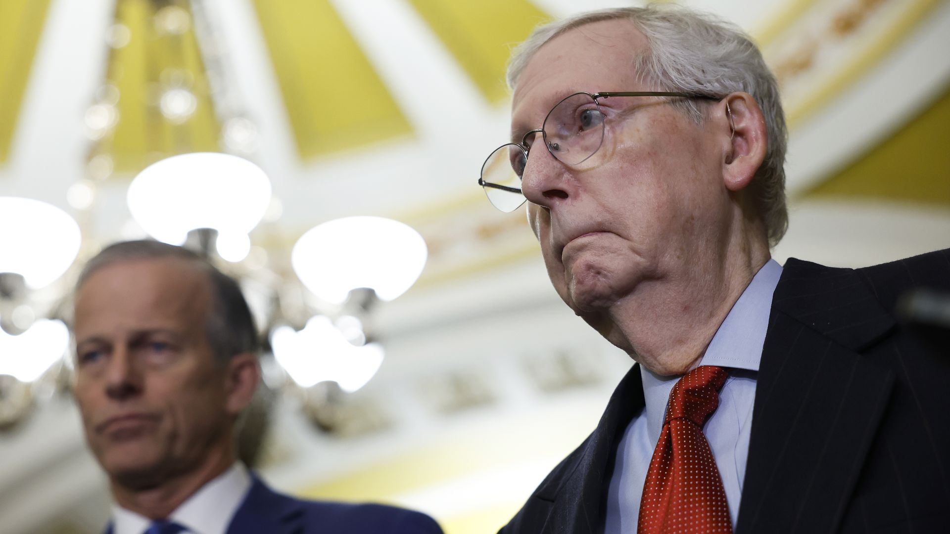 U.S. Senate Minority Leader Mitch McConnell (R-KY) listens during a news conference after a weekly policy luncheon with Senate Republicans at the U.S. Capitol Building 