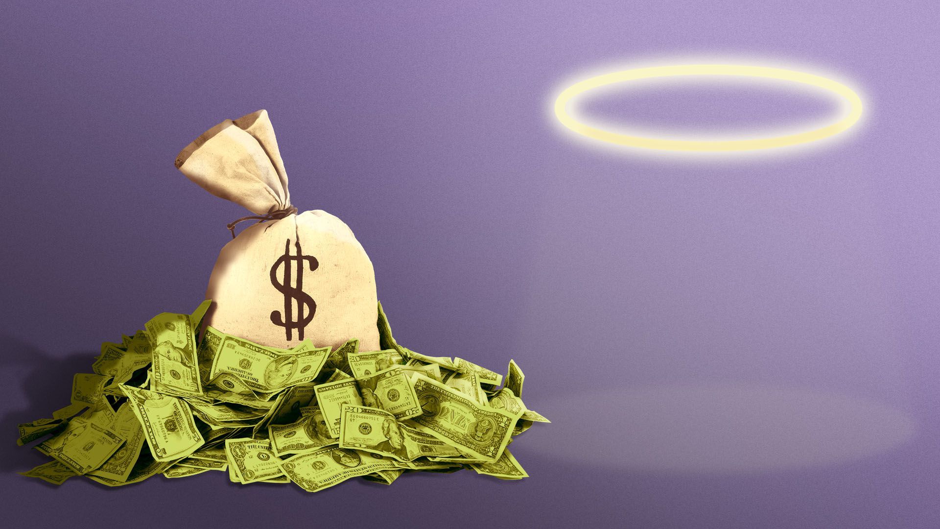 Illustration of a bag of money with a halo shining down next to it