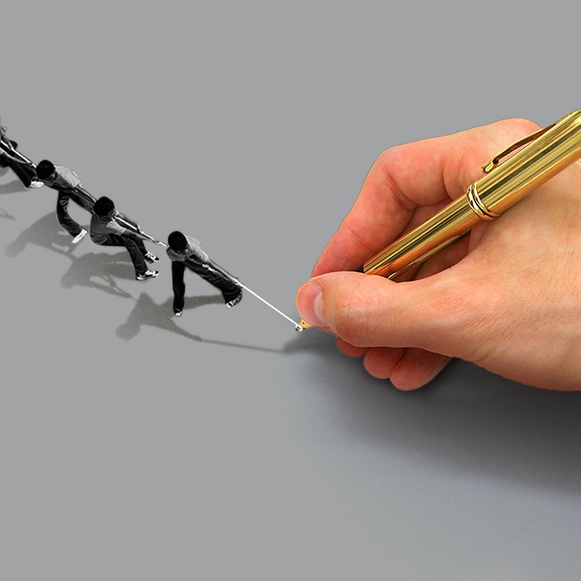 Illustration of a large hand holding a pen which is being pulled by a string of small people