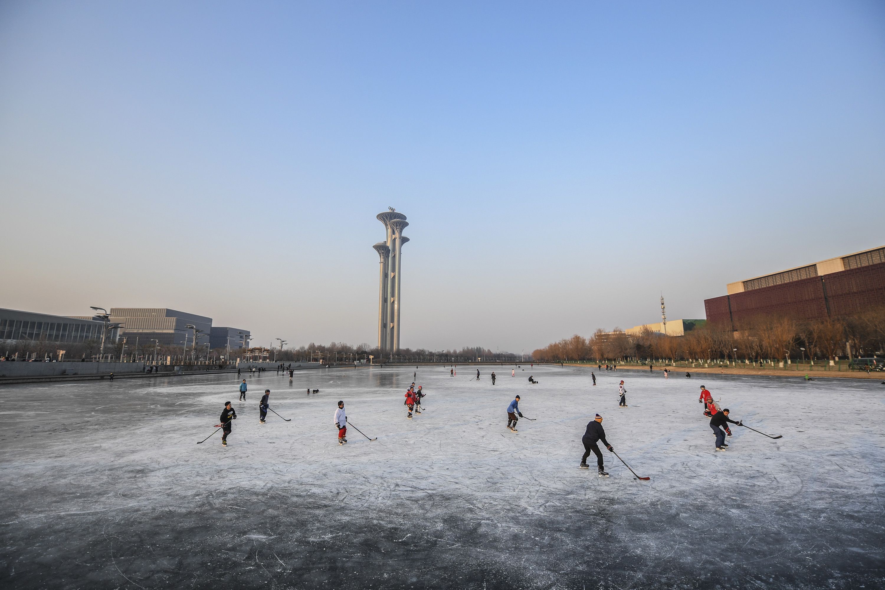 Chinese residents playing hockey