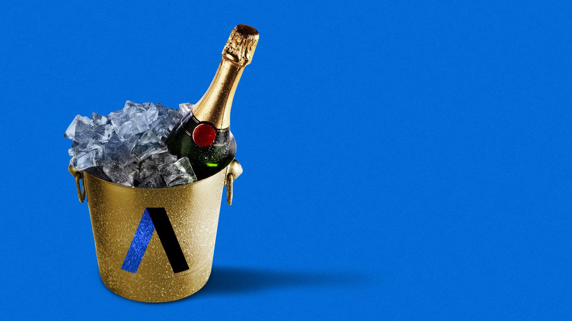 A bottle of champagne in a bucket with the Axios logo. 
